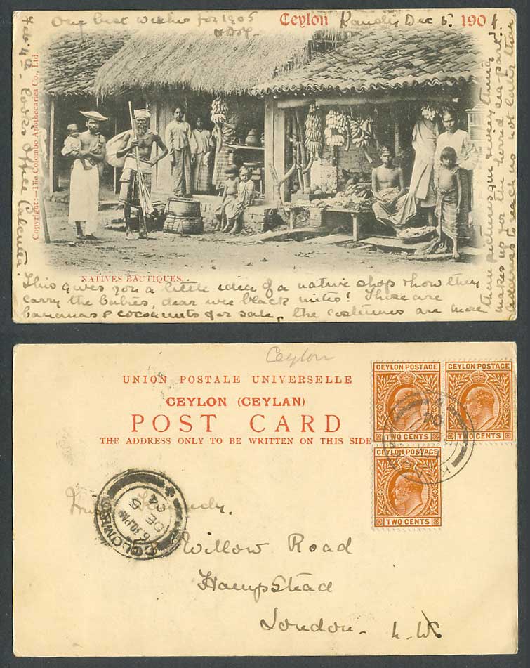 Ceylon KE7 2c x3 1904 Old UB Postcard Native Bautiques Boutiques Fruits Sellers