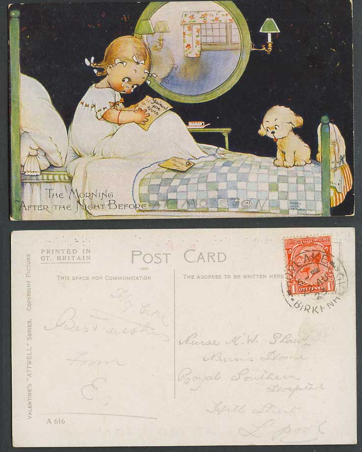 MABEL LUCIE ATTWELL 1923 Old Postcard Morning After Night Before. Dog Mirror 616