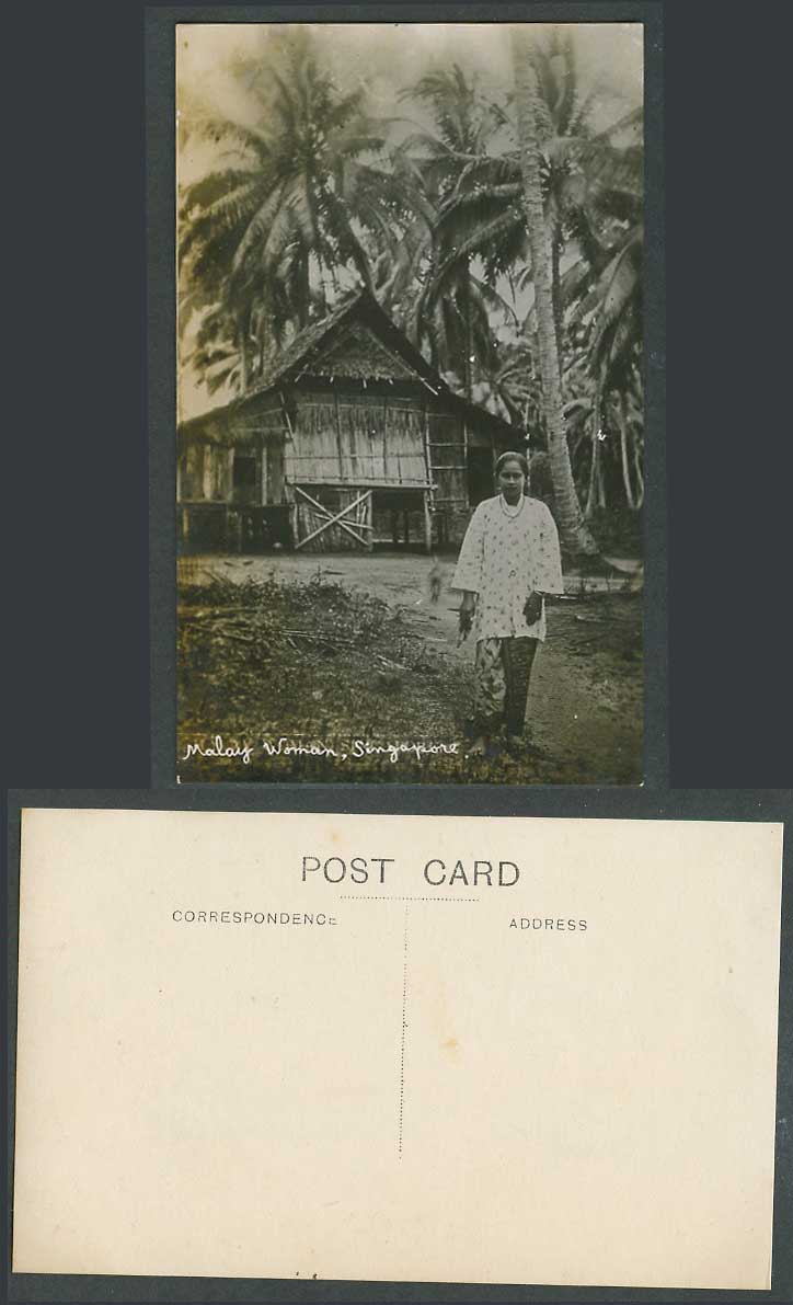 Singapore Old Real Photo Postcard Malay Woman, Native House on Stilts Palm Trees