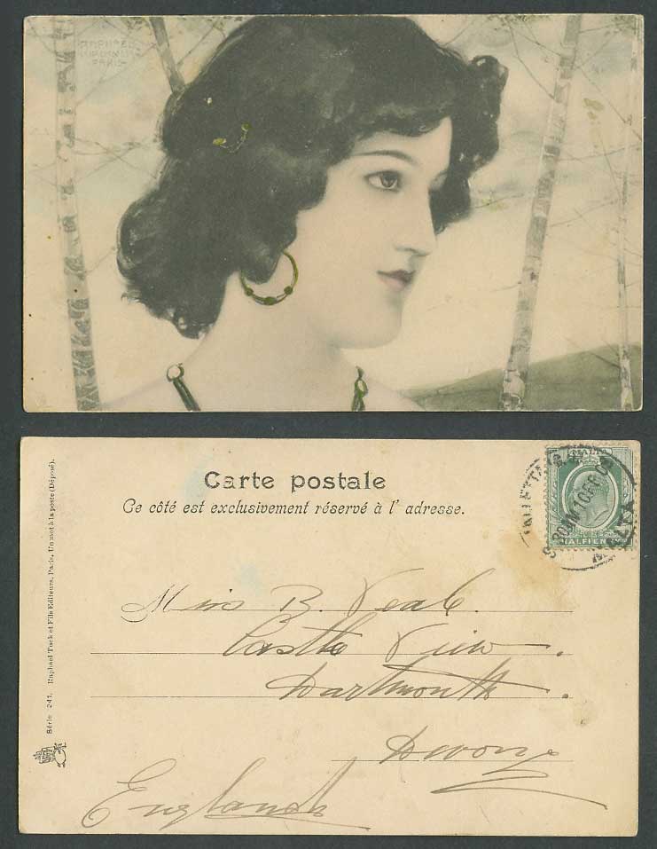 Raphael Kirchner Paris Malta KE7 1/2d 1910 Old Postcard Glamour Lady Woman Birch