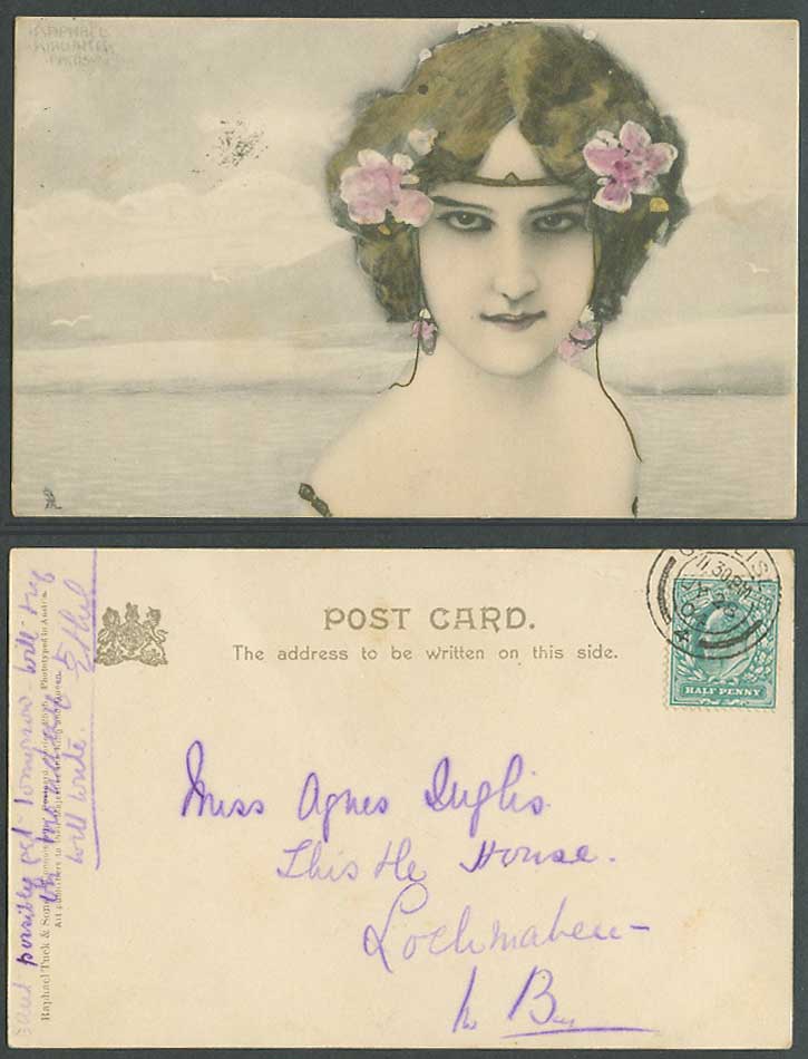 Raphael Kirchner Paris GB KE7 1/2d 1904 Old Postcard Glamour Lady Woman, Seaside