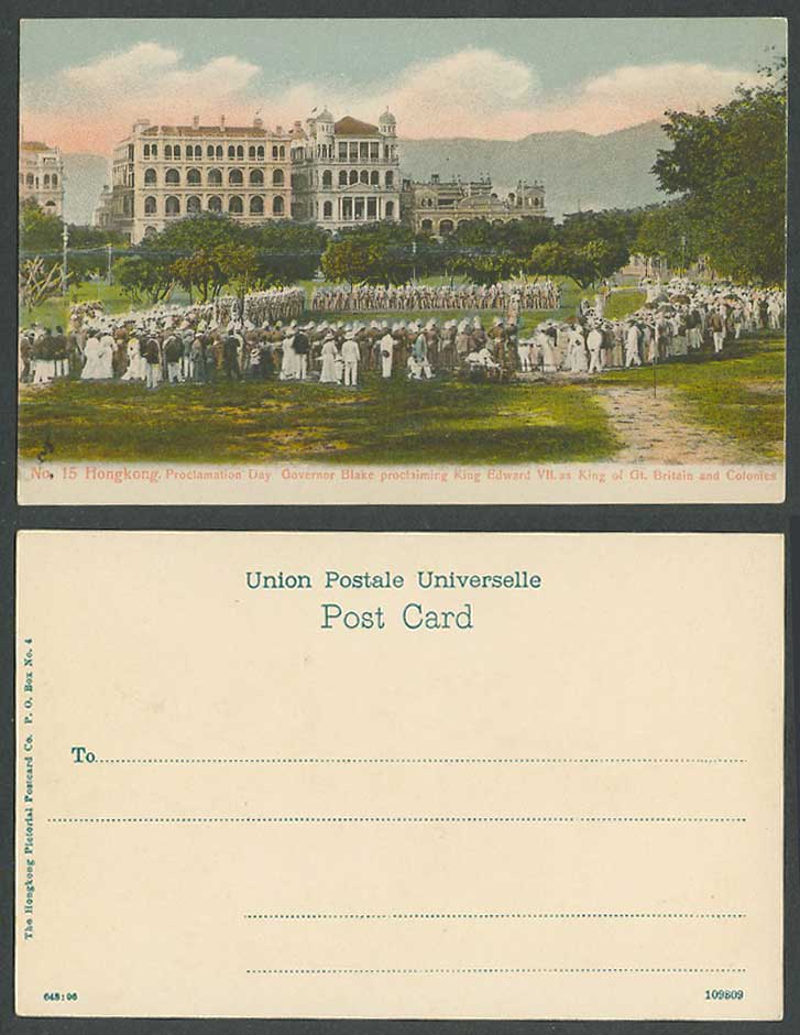 Hong Kong Old Postcard Proclamation Day, King Edward VII as King, Governor Blake