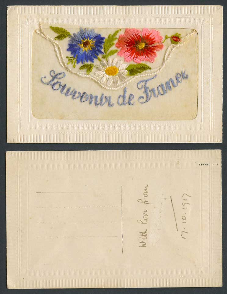 WW1 SILK Embroidered 1917 Old Postcard Souvenir de France, Flowers, Empty Wallet