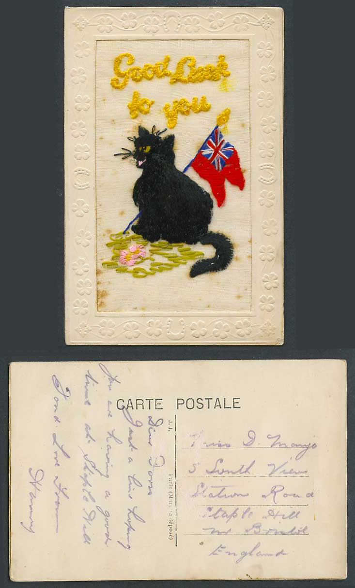 WW1 SILK Embroidered Old Postcard Black Cat Kitten Flag Flowers Good Luck to You