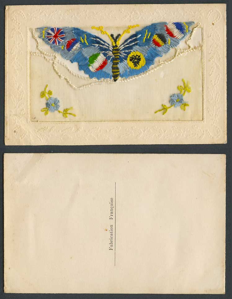 WW1 SILK Embroidered French Old Postcard Butterfly, Flags, Flowers, Empty Wallet