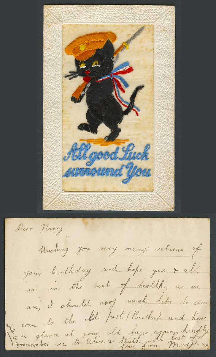 WW1 SILK Embroidered Old Postcard Black Cat Kitten Soldier, Good Luck Surround U