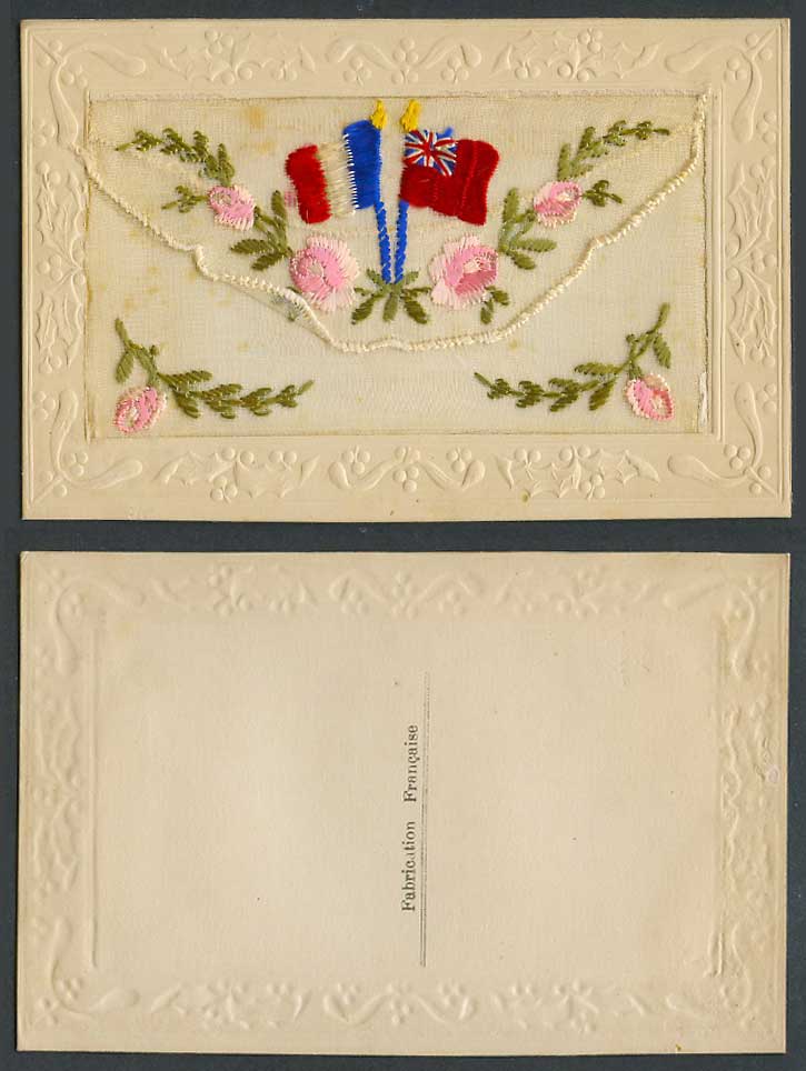 WW1 SILK Embroidered French Old Postcard Flag Flags Flower Flowers, Empty Wallet