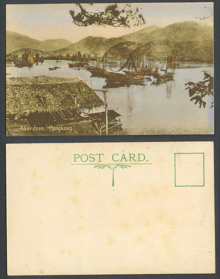 Hong Kong China Old Postcard Aberdeen Harbour Native Sailing Boats Hill Panorama