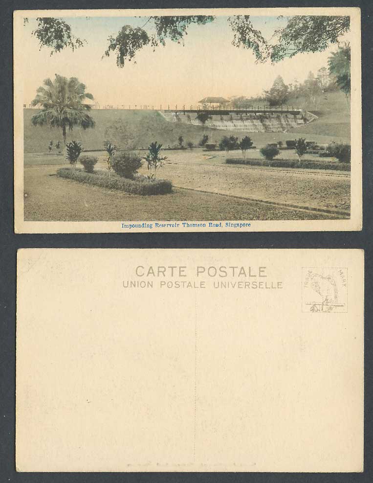 Singapore Old Hand Tinted Postcard Impounding Reservoir Thomson Road Bridge Palm