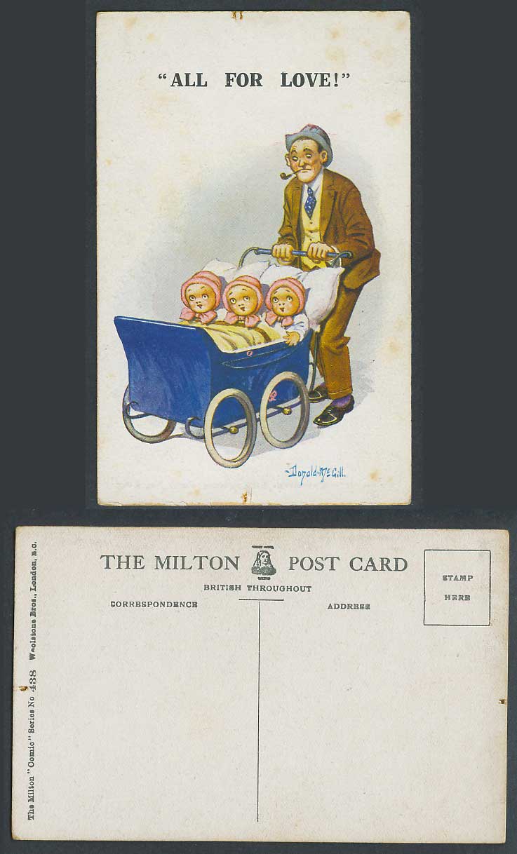 Donald McGill Old Postcard Triplets Babies, All For Love! Man smoking Pipe, PRAM