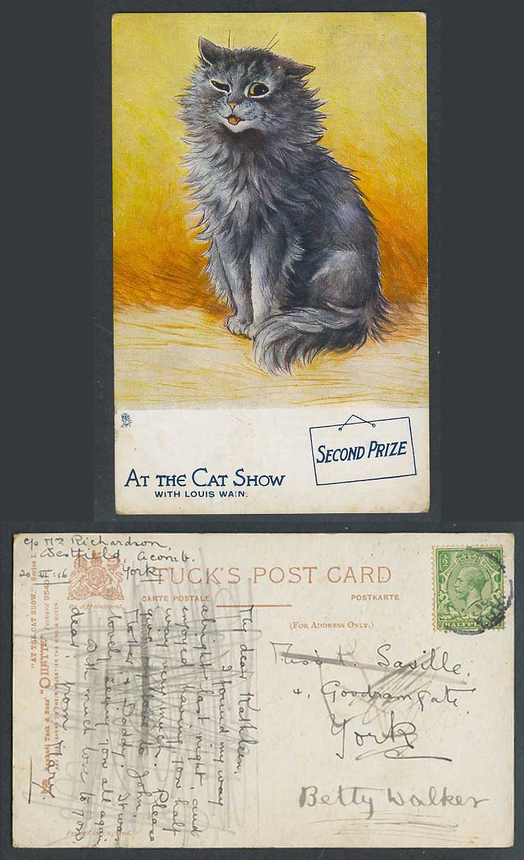 LOUIS WAIN Artist Signed At The Cat Show 2nd Second Prize 1916 Old Tuck Postcard