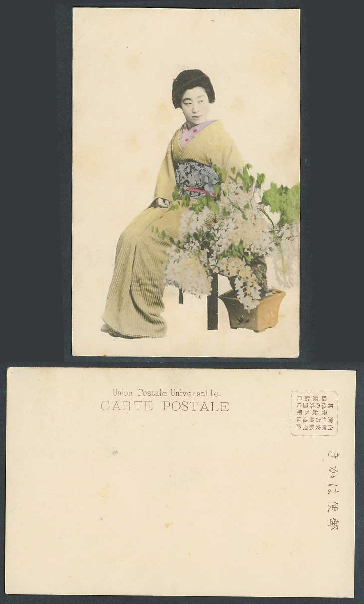 Japan Old Hand Tinted UB Postcard Geisha Girl Woman Lady, Kimono, Bonsai Flowers