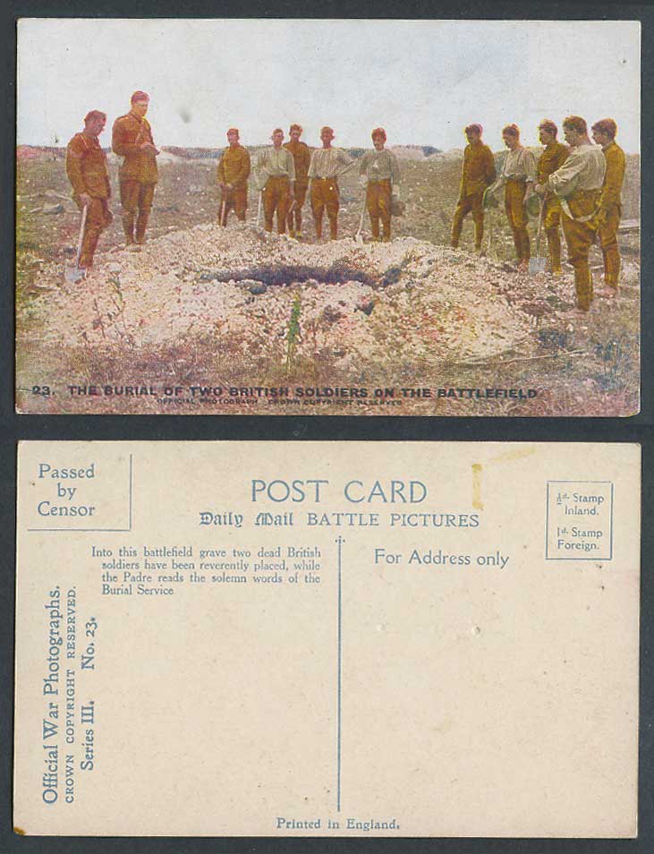 WW1 Daily Mail Old Postcard Burial of 2 British Soldiers on Battlefield Grave 23