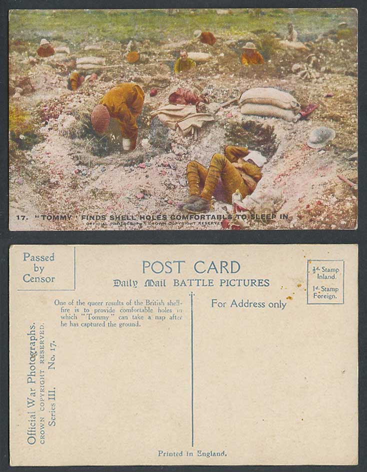 WW1 Daily Mail Old Postcard Tommy Finds Shell Holes Comfortable to Sleep in N.17