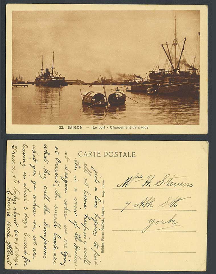 Indo-China Old Postcard Saigon Port Chargement de Paddy Harbour Ship Sampan Boat