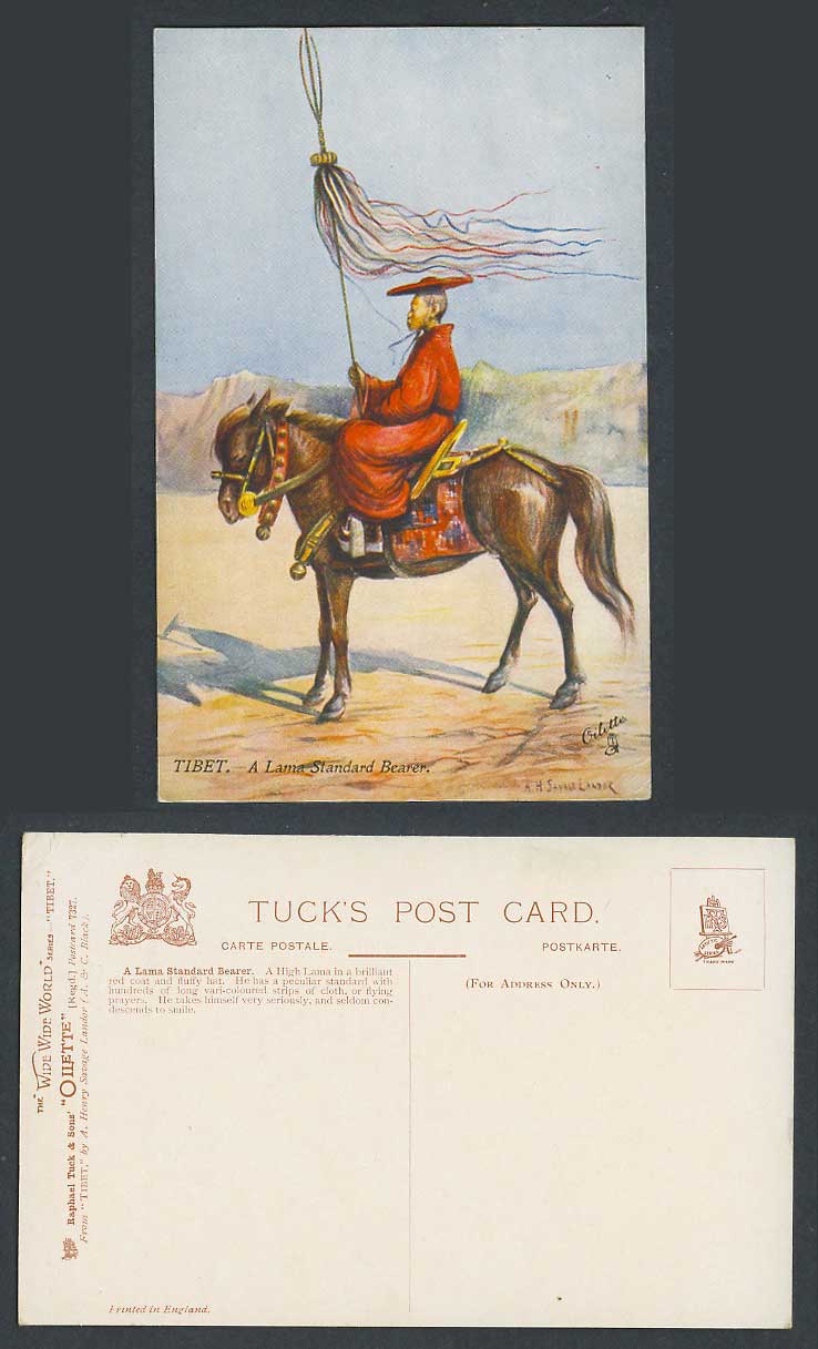TIBET China Old Tuck's Oilette Postcard Tibetan A Lama Standard Bearer AH Savage