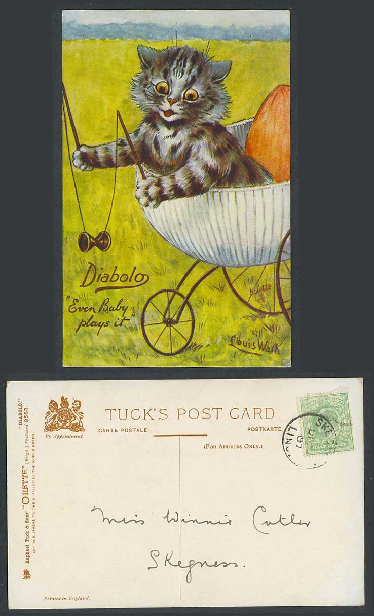 Louis Wain Artist Signed Cat Kitten Diabolo Even Baby Plays It 1907 Old Postcard