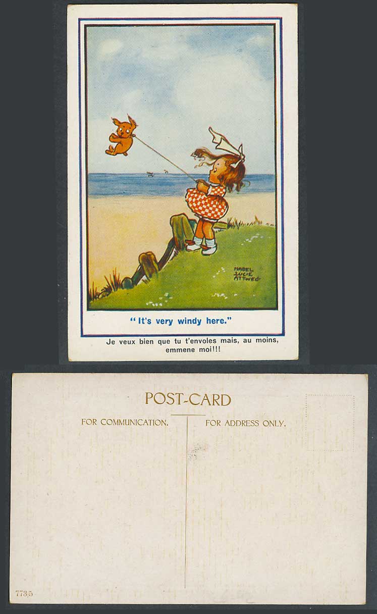 MABEL LUCIE ATTWELL Old Postcard Dog Flying as a Kite It's Very Windy Here 773/5