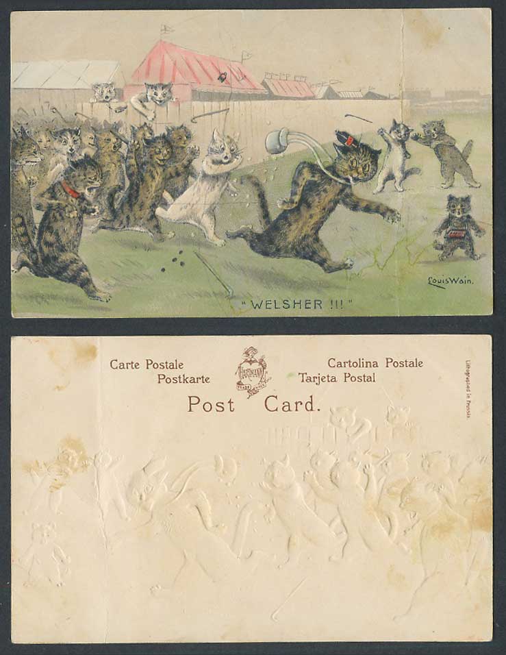 Louis Wain Artist Signed Cats Kittens Welsher! Old Hand Tinted Embossed Postcard