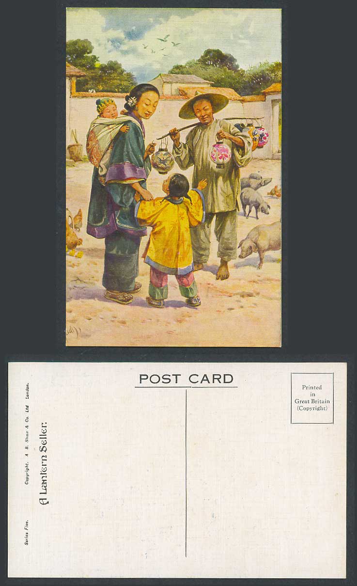 China ES Hardy Old Postcard A Lantern Seller Chicken Bird Pig Chinese Woman Girl