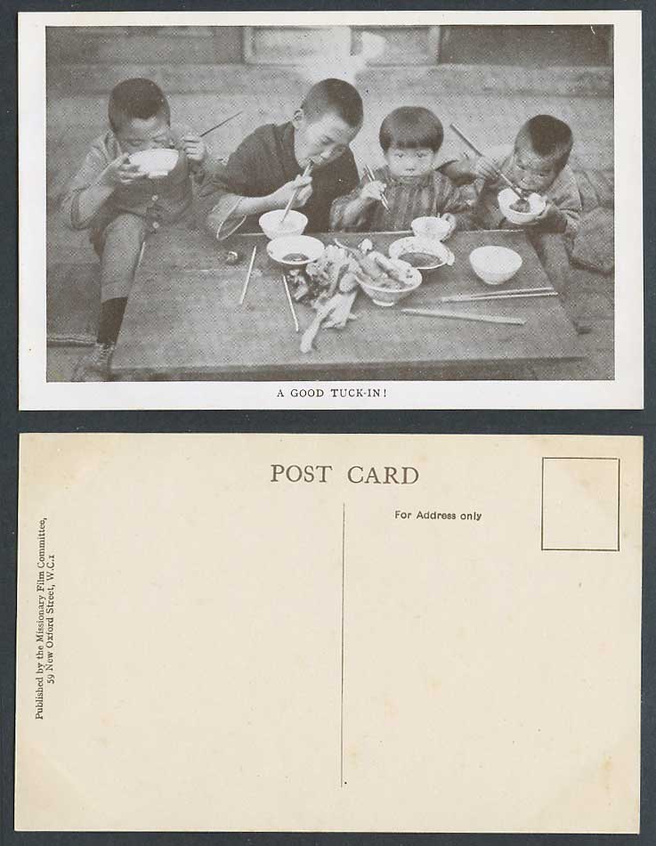 China Old Postcard A Good Tuck-In! Chinese Boys Children Eating Bowls Chopsticks