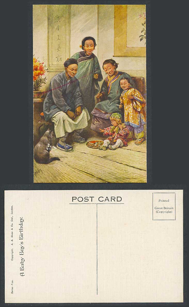 China ES Hardy Old Postcard A Chinese Baby Boy's Birthday Black Cat Kitten No. 5