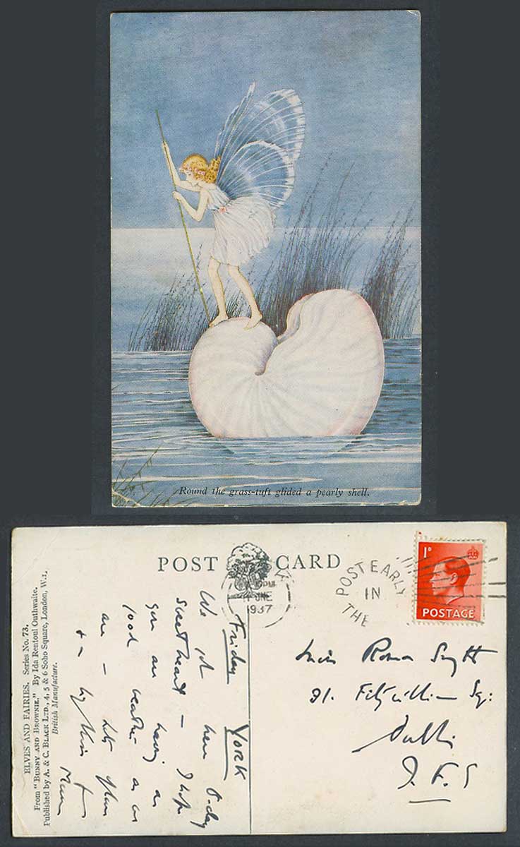 I R Outhwaite 1937 Old Postcard Fairy Round The Grass-Tuft Glided a Pearly Shell