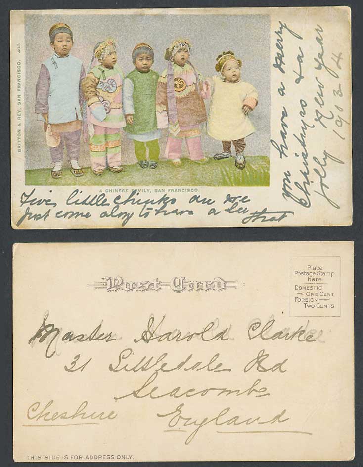 A Chinese Family Children Boys Girls Costumes San Francisco US 1903 Old Postcard