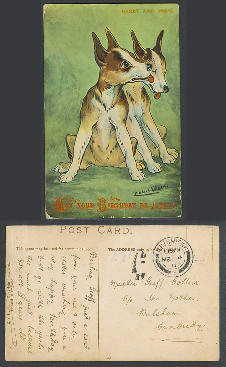 LOUIS WAIN Artist Signed Dog Darby & Joan Birthday Postage Due 1911 Old Postcard