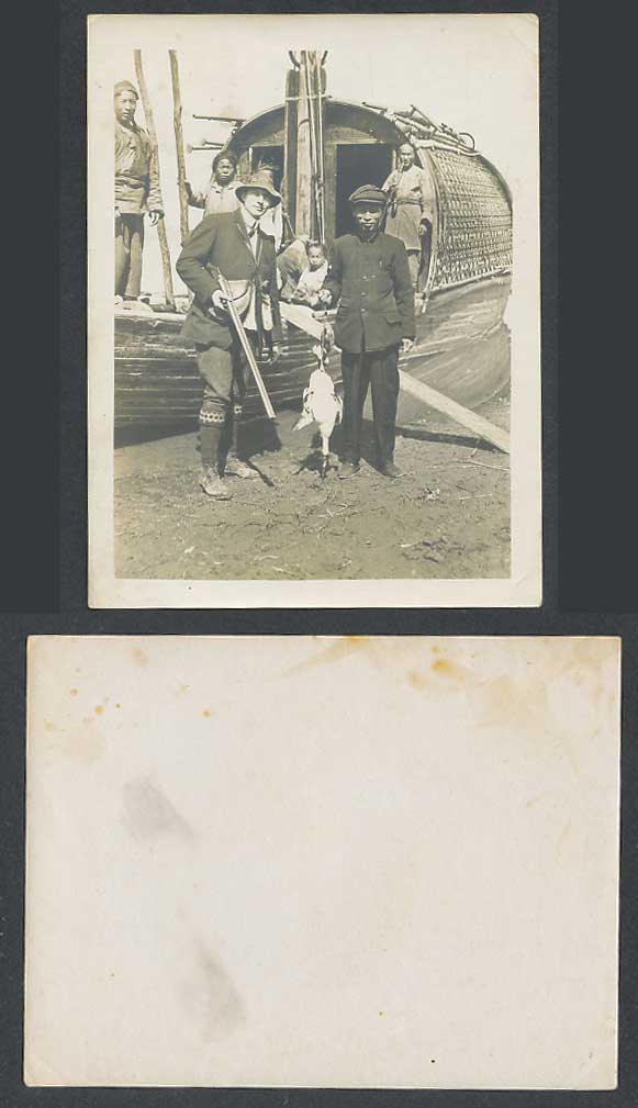 China Old Real Photo Native Chinese Boat Chinaman Smoking Pipe Man with Gun Bird