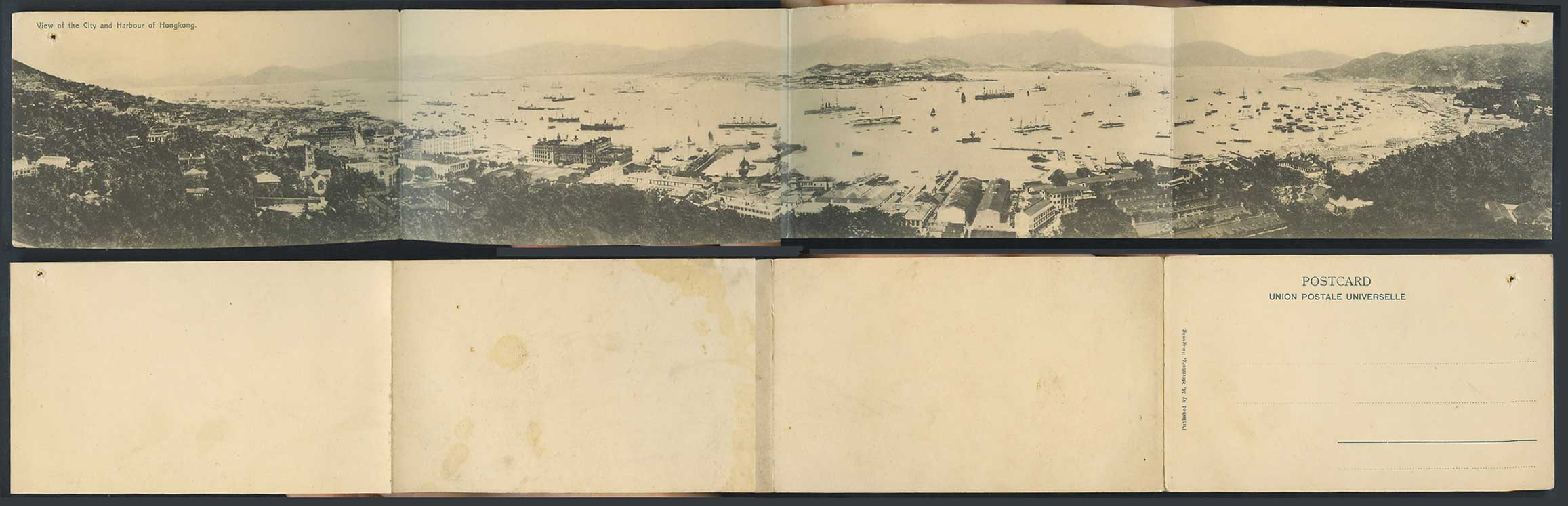 Hong Kong 4 Old Attached Postcards 1 Panorama View of City & Harbour Ships Boats