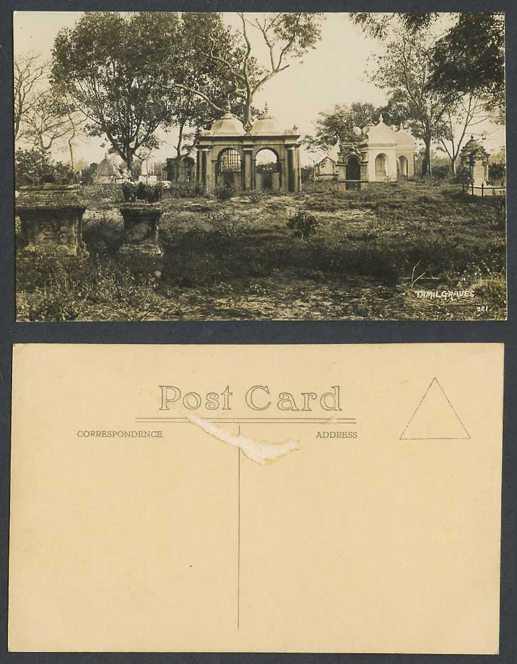 Singapore Old Real Photo Postcard Tamil Graves Cemetery Tree Straits Settlements