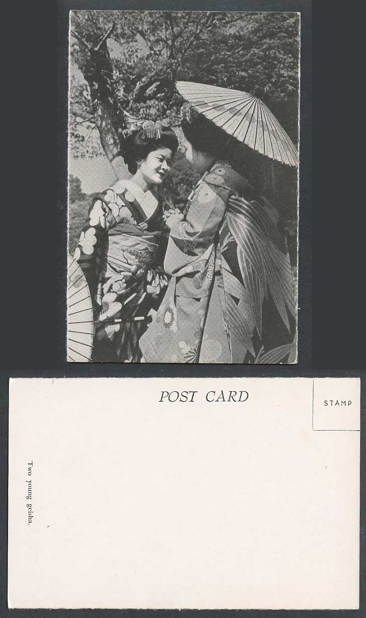 Japan Old Postcard Two Young Geisha Girls Ladies Women Umbrellas Kimono Costumes