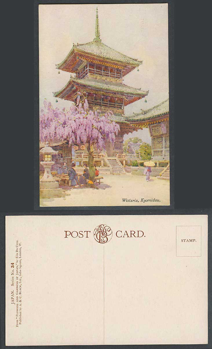 Japan Ella du Cane Artist Signed Old Postcard Wistaria Kyomidzu Temple Pagoda 紫藤
