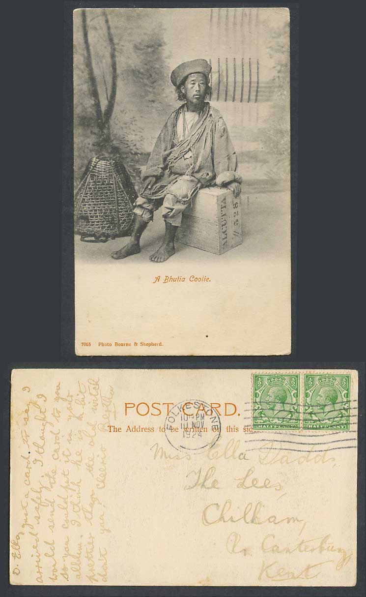 TIBET China India KG5 1/2d 1924 Old Postcard Tibetan BHUTIA COOLIE, Calcutta 528