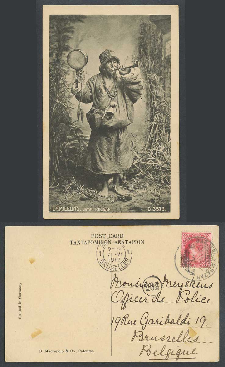 TIBET China India KE7 1a 1912 Old Postcard TIBETAN LAMA BEGGAR Darjeeling, Shawm