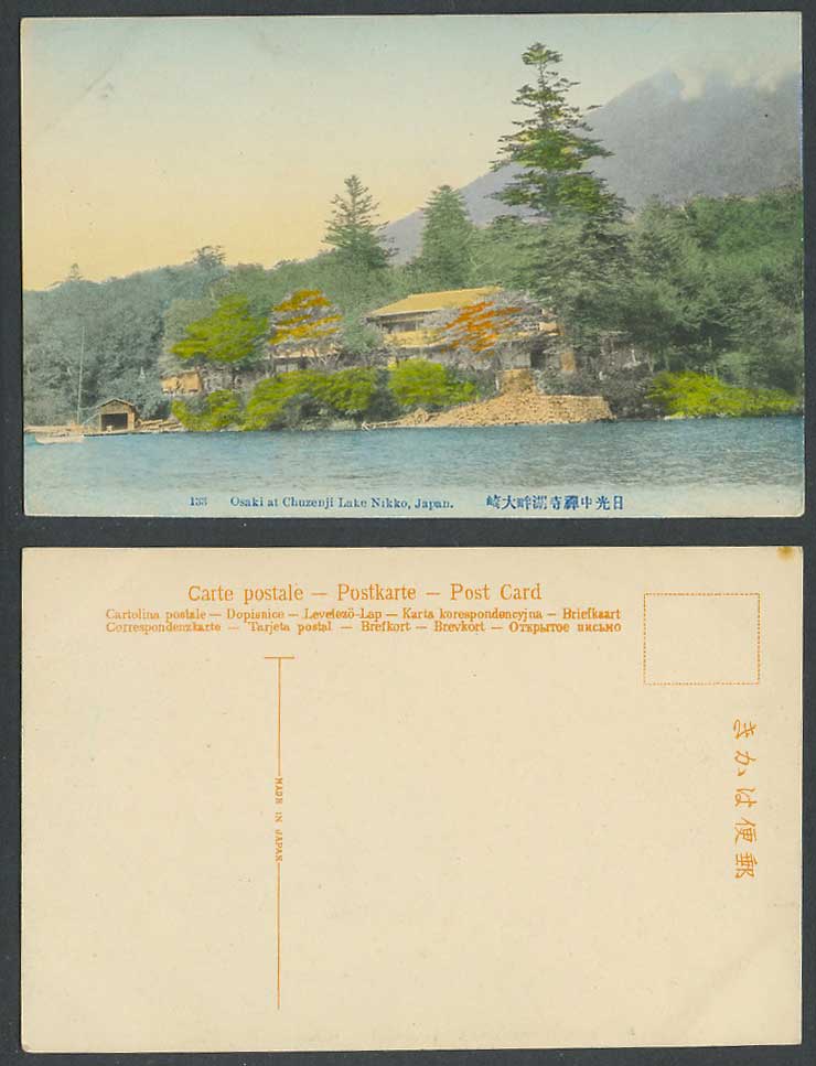 Japan Old Hand Tinted Postcard Osaki at Chuzenji Lake Nikko Houses 日光中禪寺湖畔大崎 133