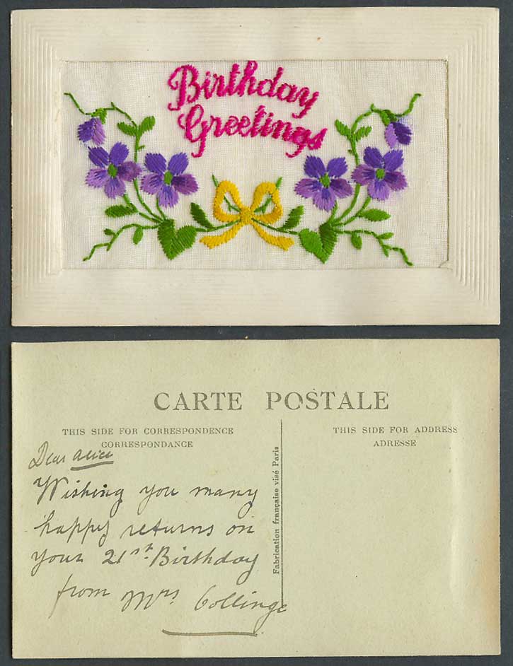 WW1 SILK Embroidered Old Postcard Birthday Greetings, Flowers, Novelty Greetings