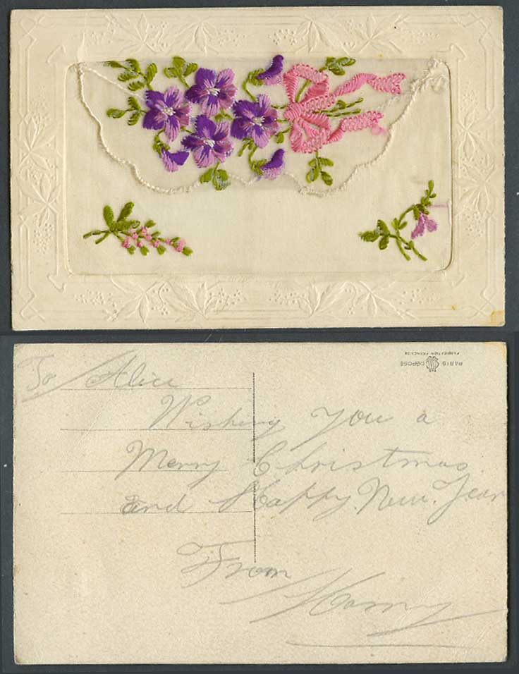 WW1 SILK Embroidered, French Old Postcard Flowers, with Empty Wallet, Novelty