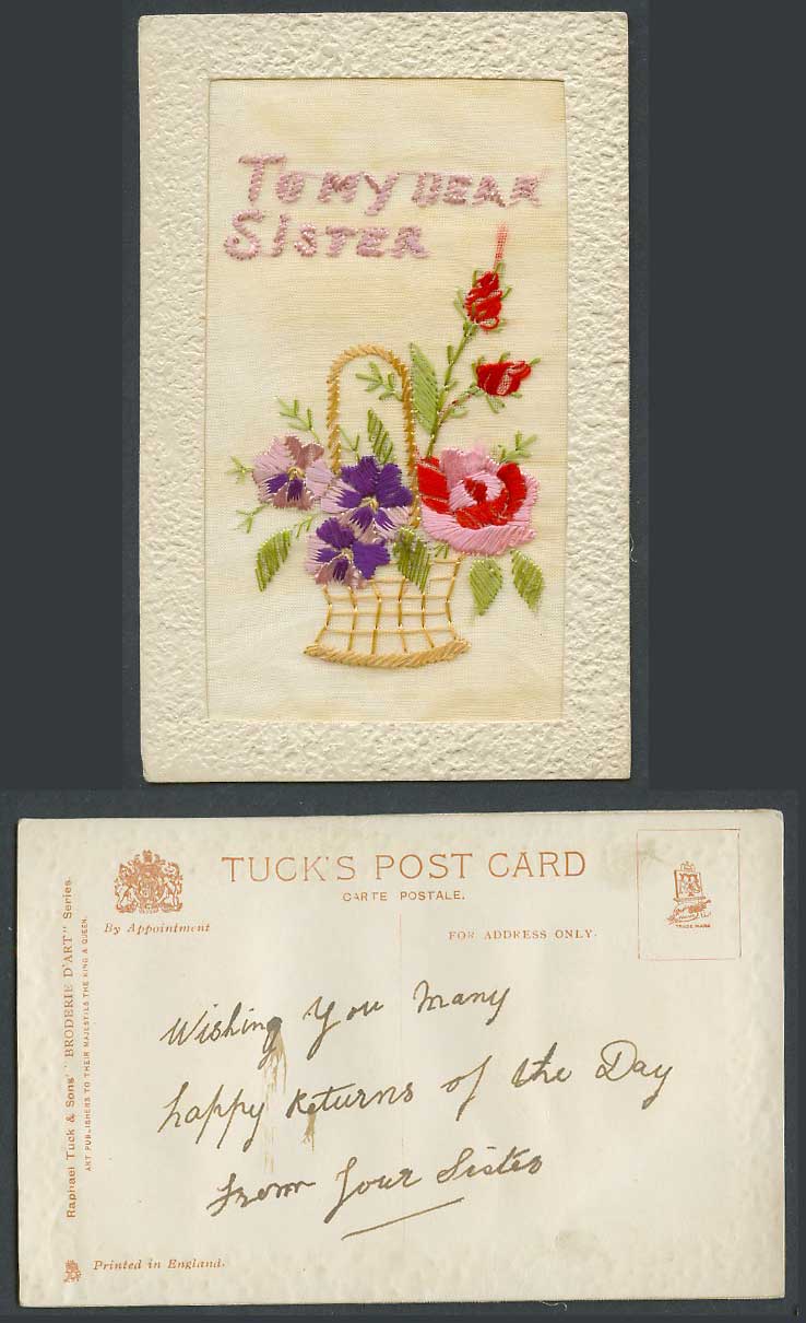 WW1 SILK Embroidered Old Postcard To My Dear Sister Flowers Basket Tuck Broderie