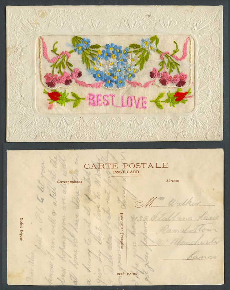 WW1 SILK Embroidered French Old Postcard Best Love, Flowers Empty Wallet Novelty