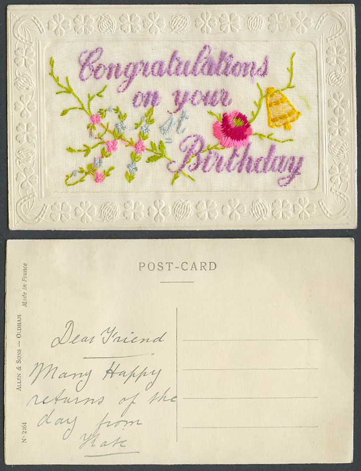 WW1 SILK Embroidered Old Postcard Congratulations on Your Birthday, Bell Flowers
