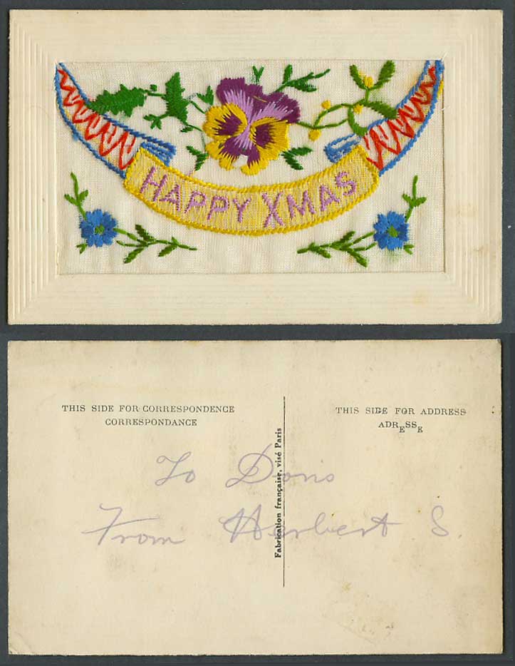 WW1 SILK Embroidered Old Postcard Happy Xmas Christmas Pansy Flower Empty Wallet