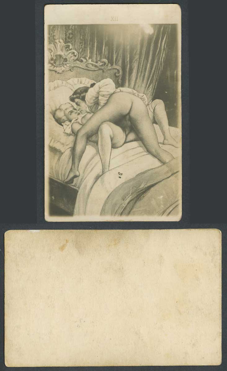 Erotic Saucy Romance Man & Woman Bed Art Artist Drawn XII Old Card Postcard Size