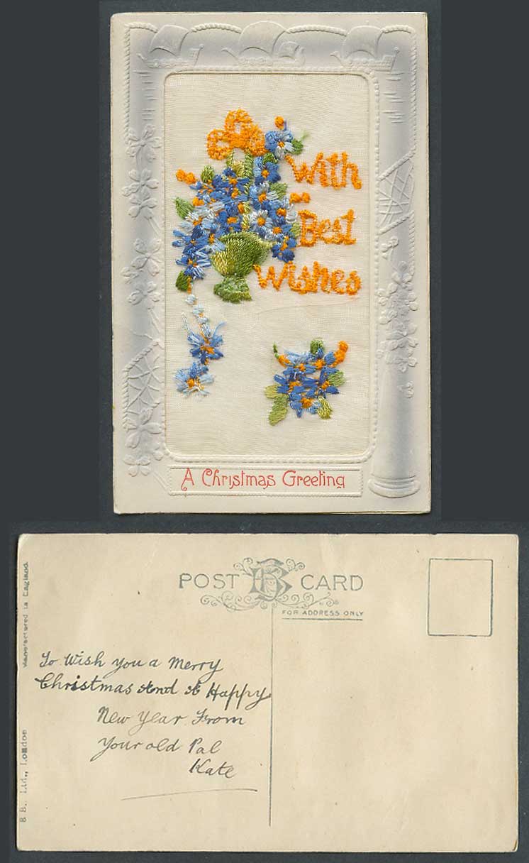 WW1 SILK Embroidered Old Postcard A Christmas Greetings, With Best Wishes, Xmas