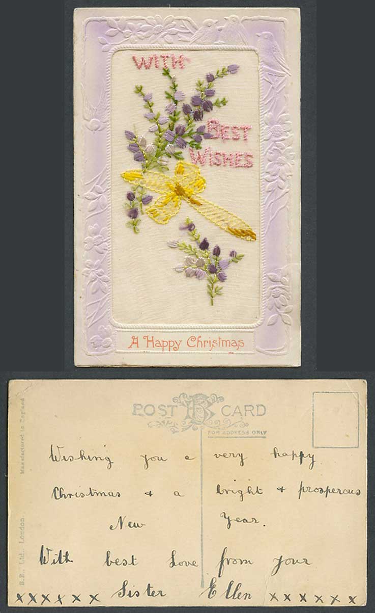 WW1 SILK Embroidered Old Postcard A Happy Christmas With Best Wishes Flower Bird
