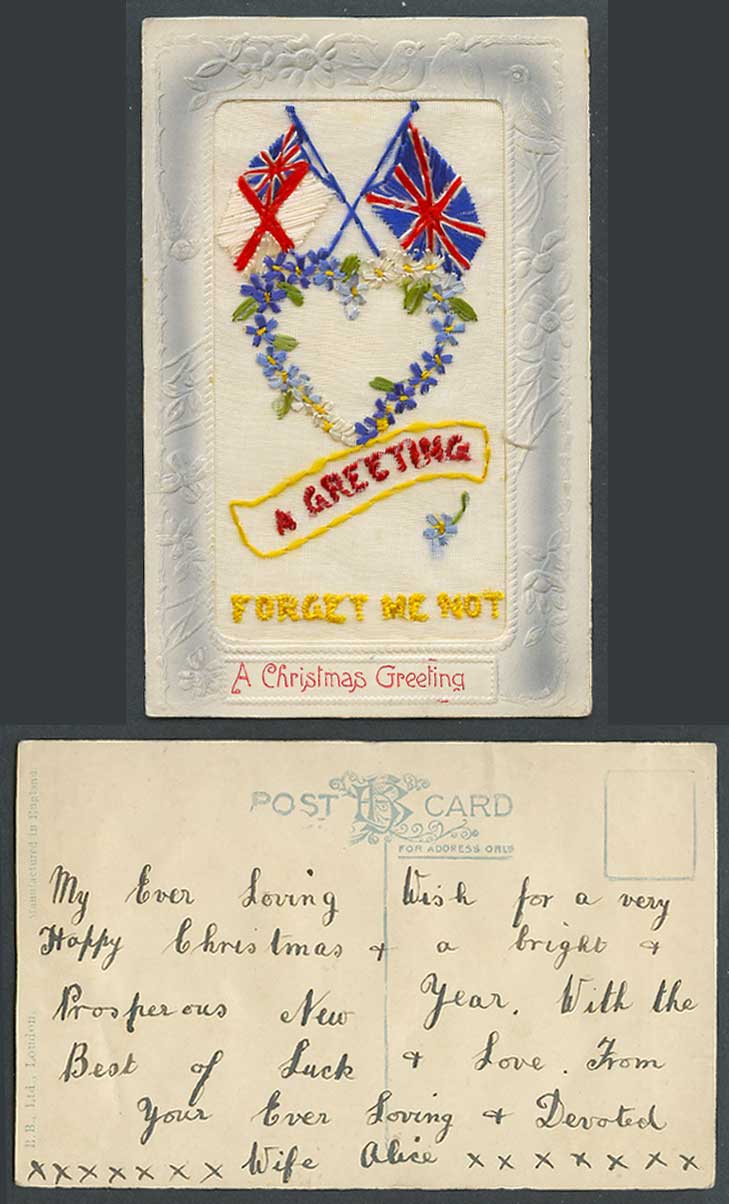 WW1 SILK Embroidered Old Postcard Christmas Greetings Forget Me Not Flower Flags