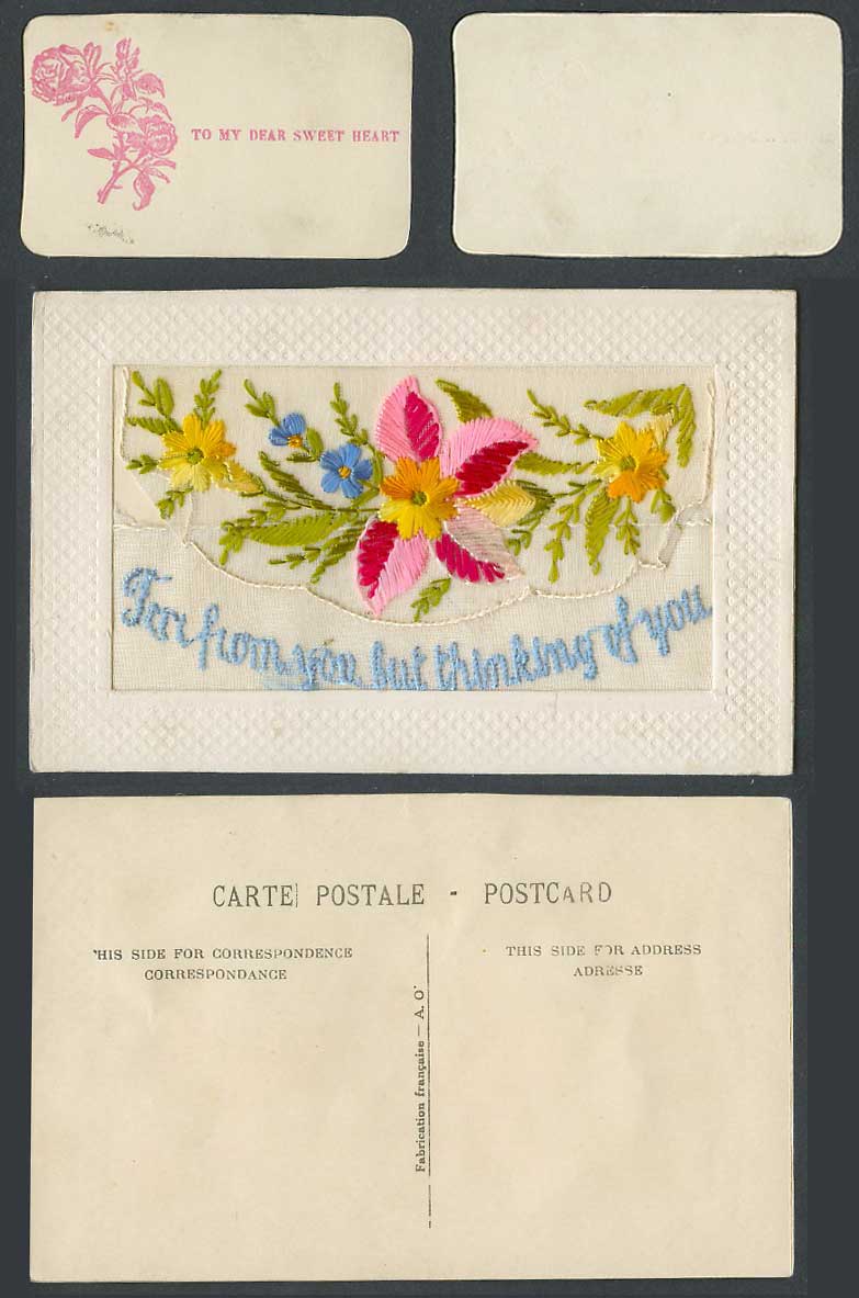 WW1 SILK Embroidered Old Postcard Flower Far from You But Thinking of You Wallet