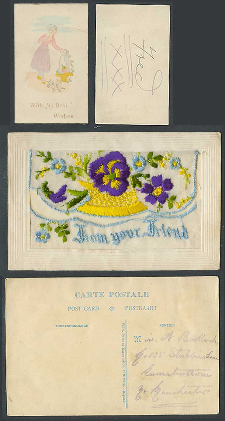 WW1 SILK Embroidered Old Postcard From Your Friend With My Best Wishes in Wallet