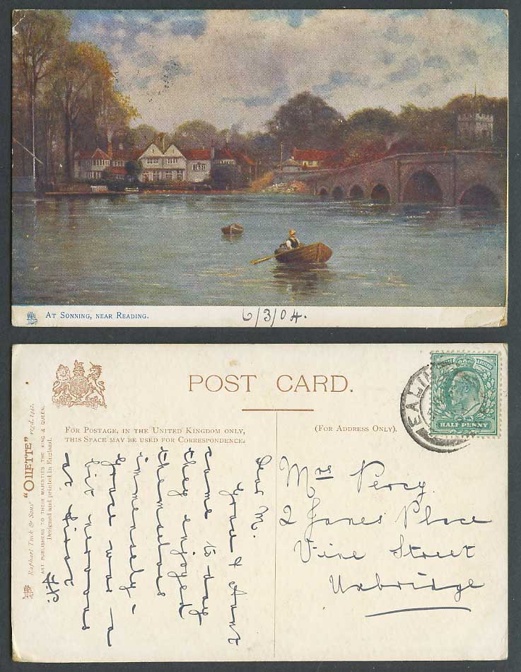 Sonning near Reading 1904 Old Tuck's Oilette Postcard Bridge River Boating Boats